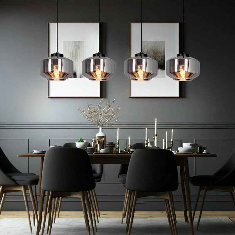 Image of Etc-shop - Lampada a sospensione lampada a sospensione soggiorno lampada da tavolo da pranzo paralume in vetro fumé, metallo nero, prese 4x E27,