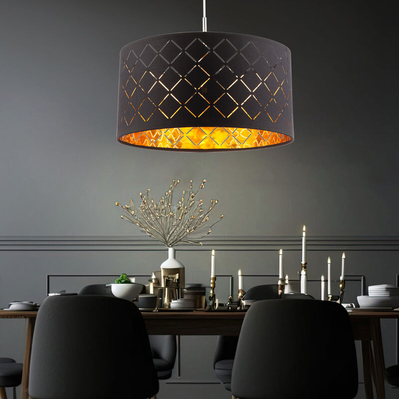 Image of Globo - Lampada a sospensione lampada a sospensione tavolo da pranzo nero lampada da soggiorno moderna, paralume in tessuto rotondo, metallo oro, DxH