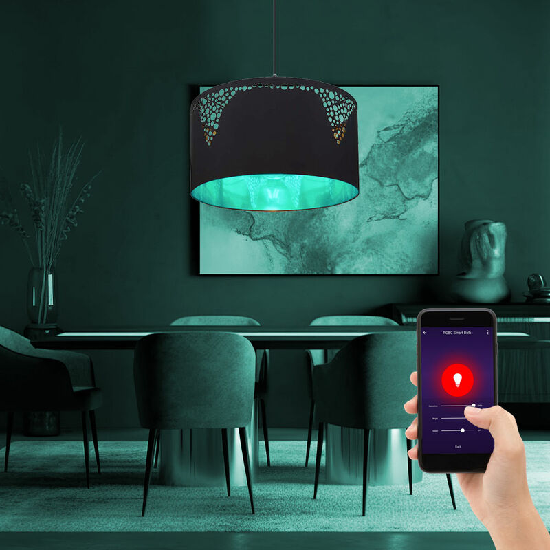 Image of Lampada a sospensione lampada a sospensione tavolo da pranzo nero lampada rotonda color oro da soggiorno, tessuto nero, controllo app cct, 1x Smart