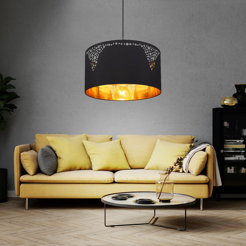 Image of Lampada a sospensione lampada a sospensione tavolo da pranzo nero lampada rotonda da soggiorno color oro, tessuto metallo nero, 1x attacco E27, DxH