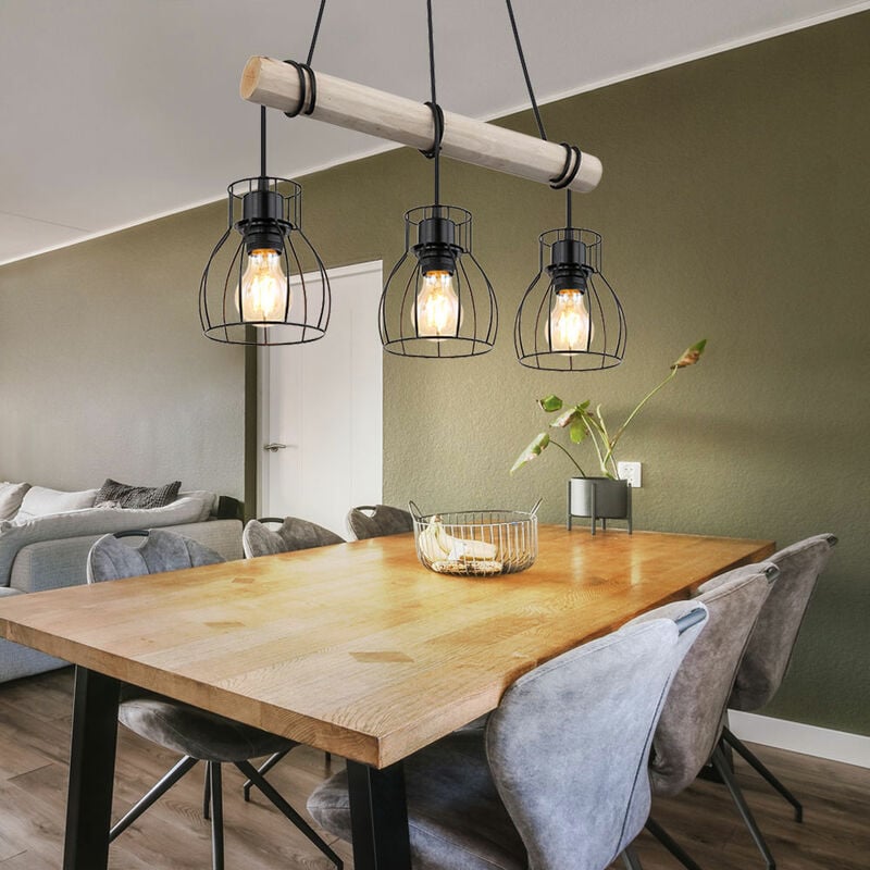 Image of Lampada a sospensione lampada a sospensione vintage lampada da tavolo da pranzo in legno lampada a sospensione retrò con trave in legno, metallo