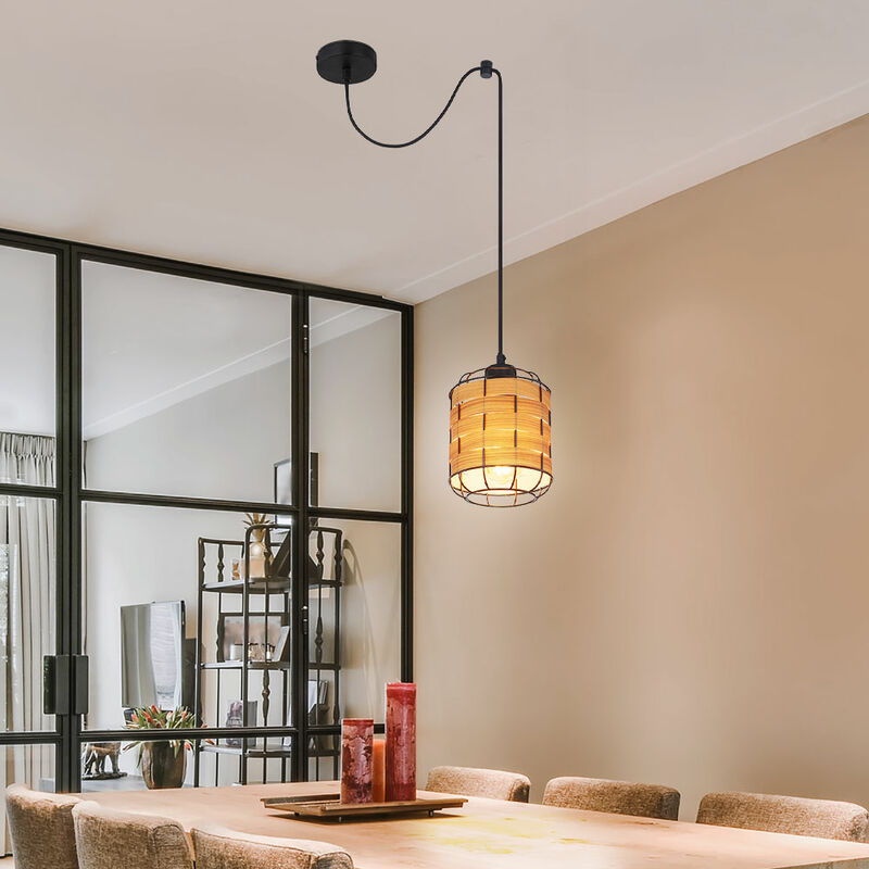 Image of Etc-shop - Lampada a sospensione lampada da tavolo da pranzo lampada a sospensione effetto legno soggiorno, effetto griglia, 1x E27, PxH 15 x 200 cm