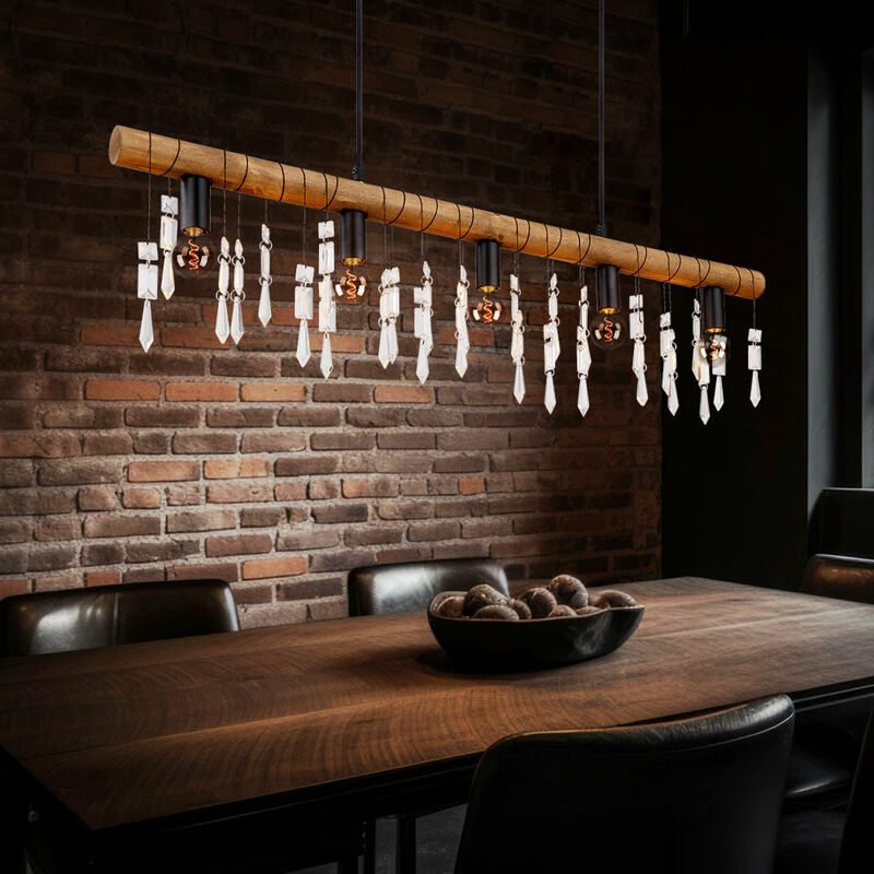 Image of Lampada a sospensione lampada da sala da pranzo lampada a sospensione legno vetro cristalli lampada a sospensione rotonda 5 fiamme, metallo, attacco