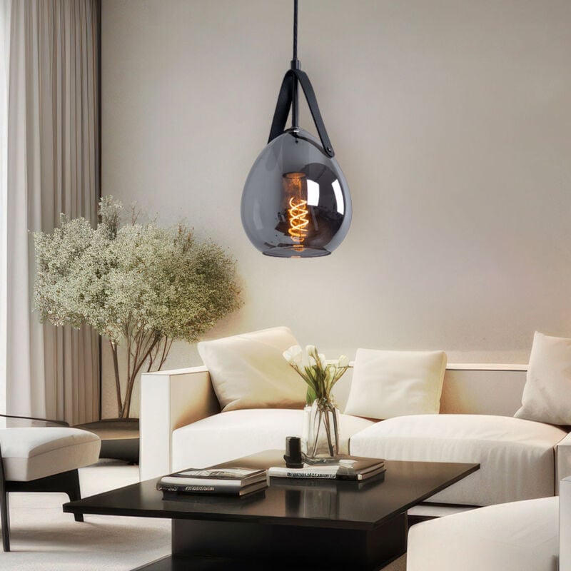 Image of Lampada a sospensione lampada da sala da pranzo, lampada a sospensione moderna, paralume in ottica di vetro fumé, metallo, nero, 1x E27, PxH 15x120 cm