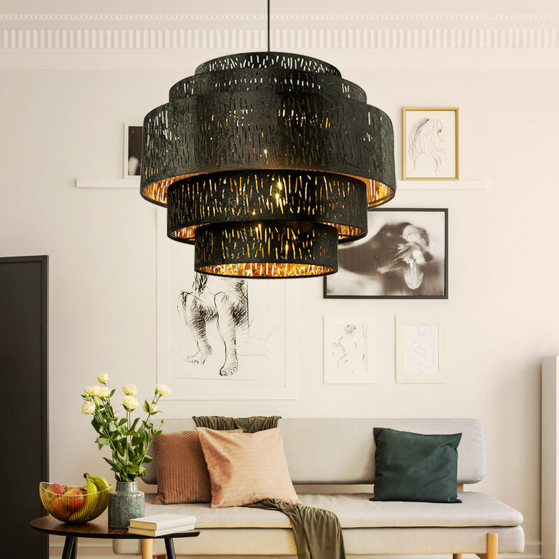 Image of Etc-shop - Lampada a sospensione lampada da sala da pranzo lampada a sospensione plafoniera orientale oro nero con paralume in tessuto, metallo, 1x