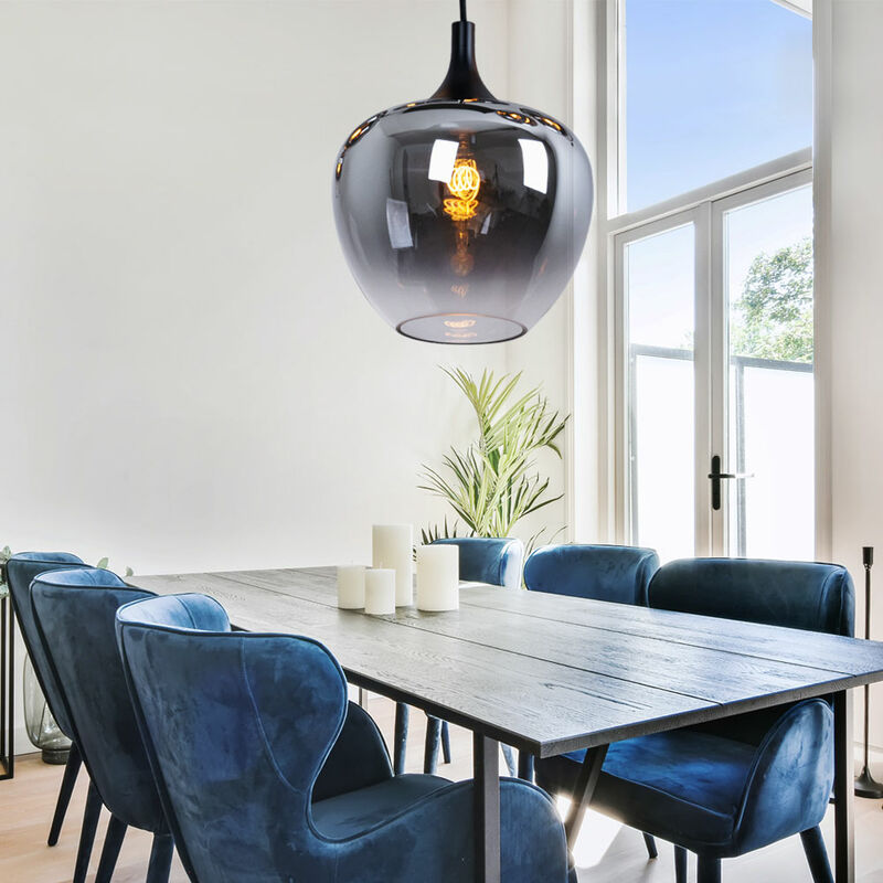 Image of Lampada a sospensione Lampada da sala da pranzo, moderna, lampada a sospensione a bulbo, metallo vetro fumé, nero, 1x attacco E27, DxH 29x120 cm
