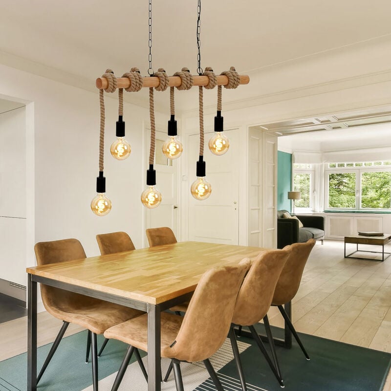 Image of Etc-shop - Lampada a sospensione, lampada da sala da pranzo regolabile in altezza, trave in legno, lampada a sospensione, corda di canapa in metallo