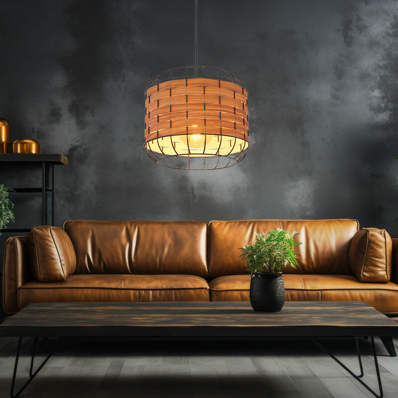 Image of Lampada a sospensione lampada da sala da pranzo rustica effetto legno lampada a sospensione con paralume a griglia, metallo, nero, opaco, 1x attacco