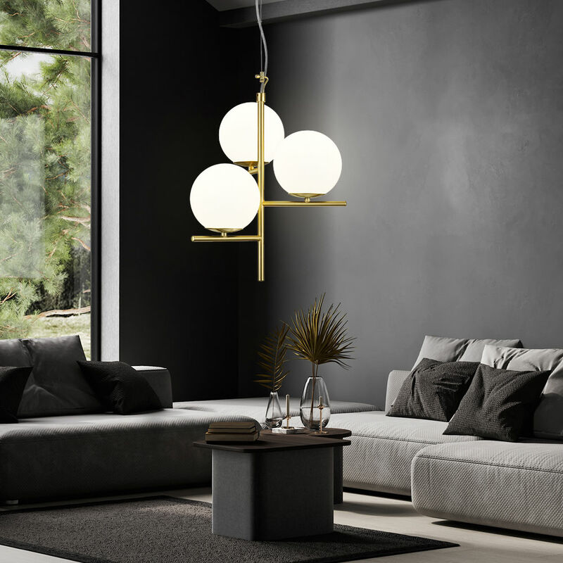 Image of Lampada a sospensione lampada da soggiorno, lampada a sospensione retrò, altezza regolabile, vetro in metallo, ottone bianco, 3x E14, DxH 40x150 cm