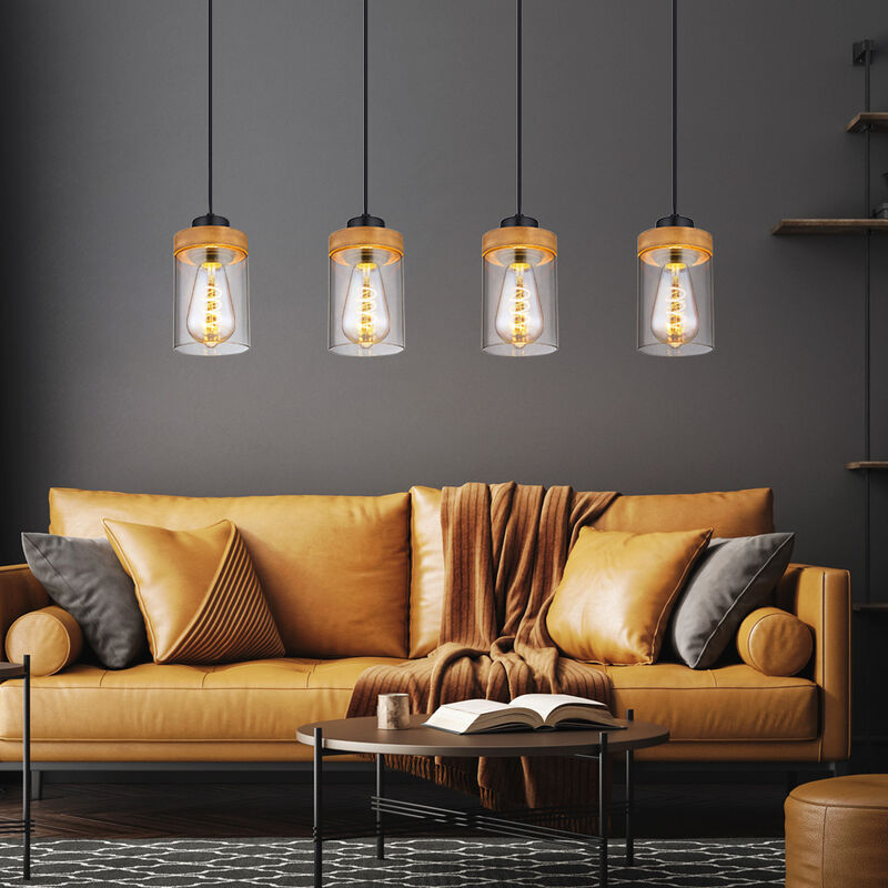 Image of Etc-shop - Lampada a sospensione, lampada da soggiorno, lampada da pranzo, lampada da cucina, metallo, legno, vetro, nero fumo, 4 lampadine, E27, l
