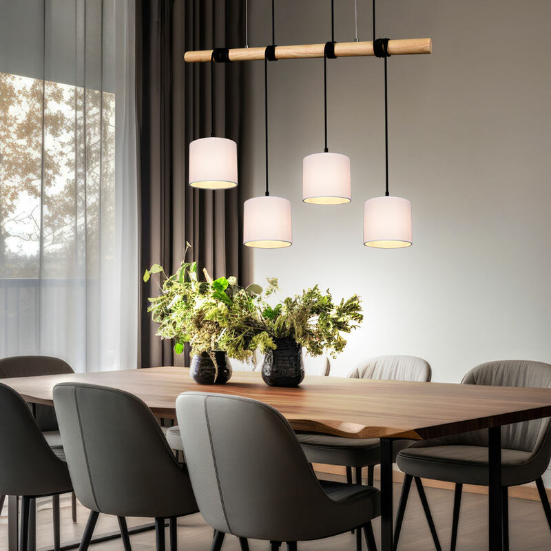 Image of Etc-shop - Lampada a sospensione, lampada da soggiorno, lampada da sala da pranzo, metallo tessuto nero legno bianco, altezza regolabile 4 lampadine