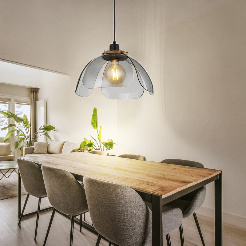 Image of Lampada a sospensione, lampada da soggiorno, lampada da tavolo da pranzo, lampada da cucina, metallo nero, vetro fumé, paralume in vetro a forma di