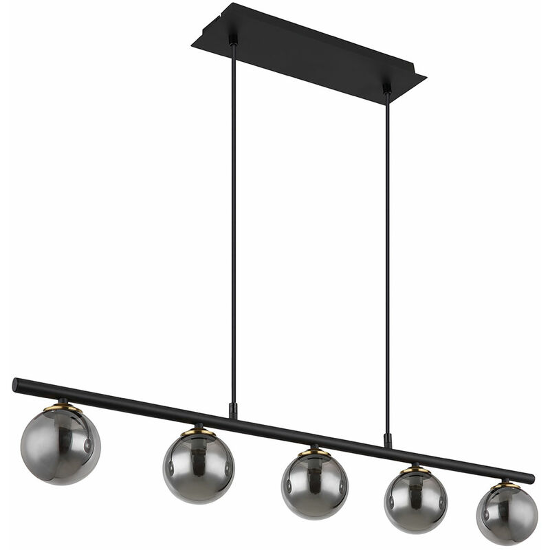 Image of Lampada a sospensione, lampada da tavolo da pranzo, sfera di vetro, nero, regolabile in altezza, metallo vetro fumé, 5 prese G9, LxPxH 90x10x120 cm