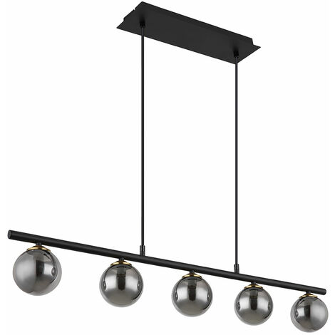 Lampada a sospensione, lampada da tavolo da pranzo, sfera di vetro, nero, regolabile in altezza, metallo vetro fumé, 5 prese G9, LxPxH 90x10x120 cm