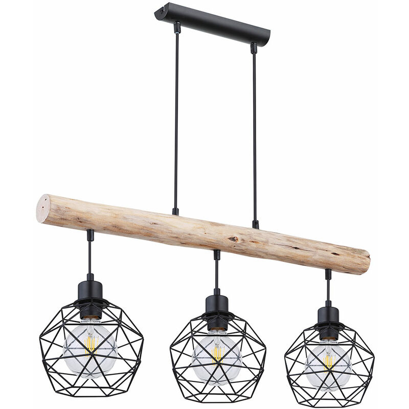 Image of Lampada a sospensione, lampada in legno, lampada a sospensione, lampada da sala da pranzo vintage, design retrò a 3 fiamme, griglia in metallo, legno