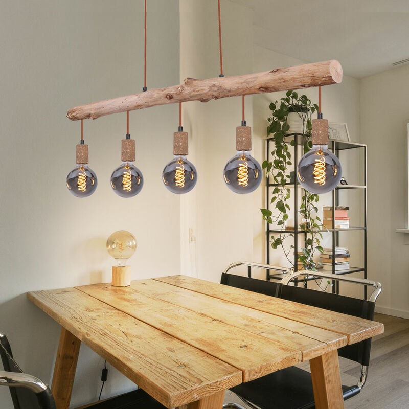 Image of Lampada a sospensione, lampada in legno, lampada a sospensione, lampada da tavolo da pranzo, 5 luci, stile country, aspetto legno, marrone, metallo,