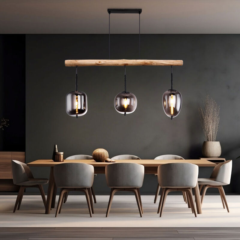 Image of Lampada a sospensione, lampada in legno, lampada da soggiorno, lampada da tavolo da pranzo, color fumo, metallo, nero, vetro, 3x attacco E14, H 130 cm