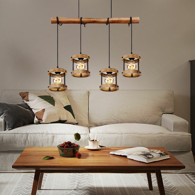 Image of Lampada a sospensione lampada in legno lampada da tavolo da pranzo, 4 fiamme, lampada soggiorno casa di campagna, legno metallo, E27, LxPxH 85x16x120