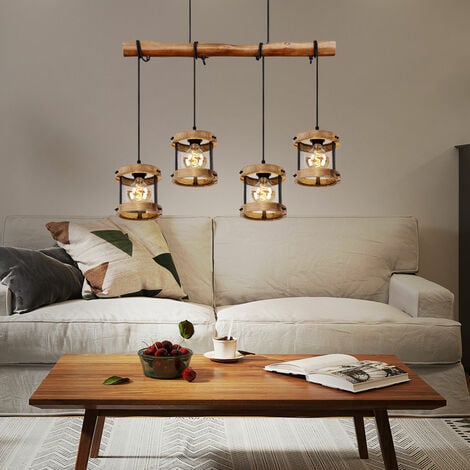 Lampada a sospensione lampada in legno lampada da tavolo da pranzo, 4 fiamme, lampada soggiorno casa di campagna, legno metallo, E27, LxPxH 85x16x120
