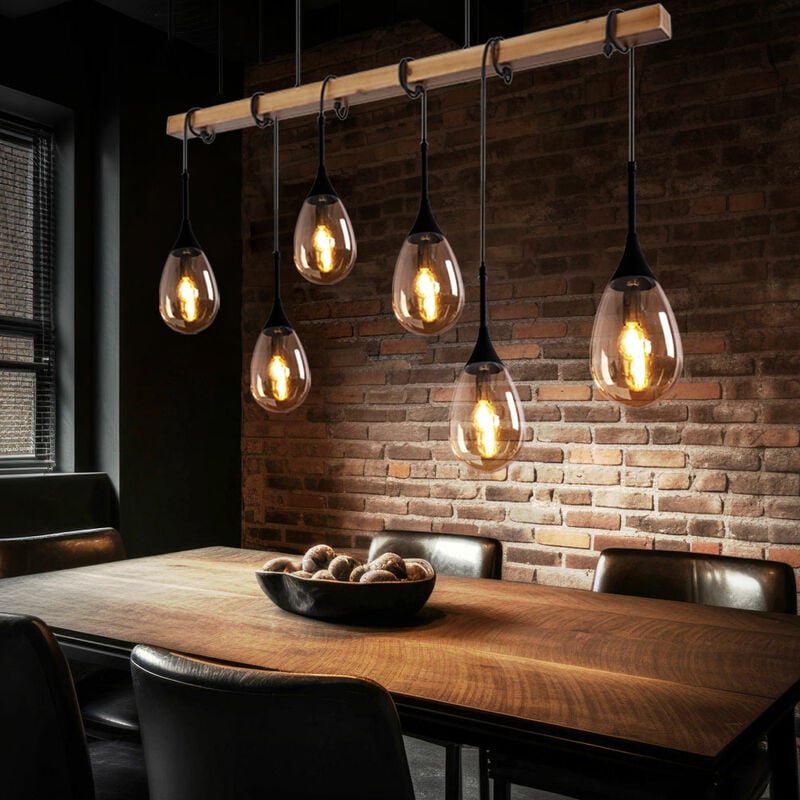 Image of Globo - Lampada a sospensione lampada in legno lampada da tavolo da pranzo retrò lampada da soggiorno 6 lampadine lampada a sospensione vetro ambra,