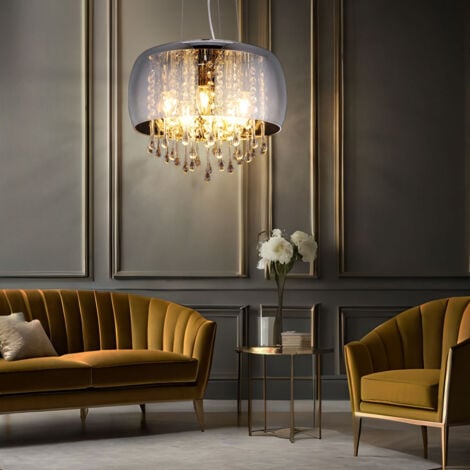 Lampada a sospensione, lampada soggiorno, lampada da soffitto, lampada sala da pranzo, vetro metallo cromato, cristalli colore fumé, 5 lampadine E14, DxH 35120 cm