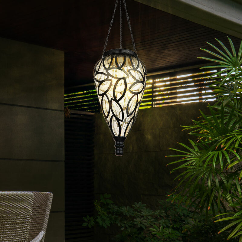 Image of Lampada a sospensione lampada solare decorazione da giardino lampada da esterno lampada a sospensione solare a led, design a goccia, metallo nero,