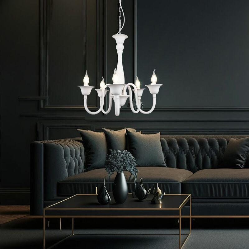 Image of Lampada a sospensione lampadario soggiorno bianco lampada tavolo pranzo, lampada a sospensione candele classiche, metallo, 5x E14, DxH 56x150 cm