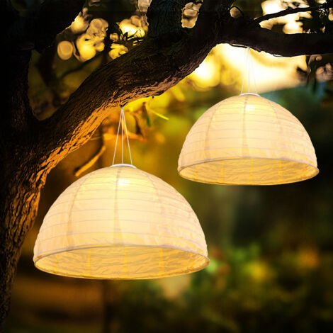 Lampada a sospensione LED a luce solare lampada da giardino a sospensione luce bianca da patio, tessuto di lino, bianco caldo, DxH 40 x 30 cm, set da 2