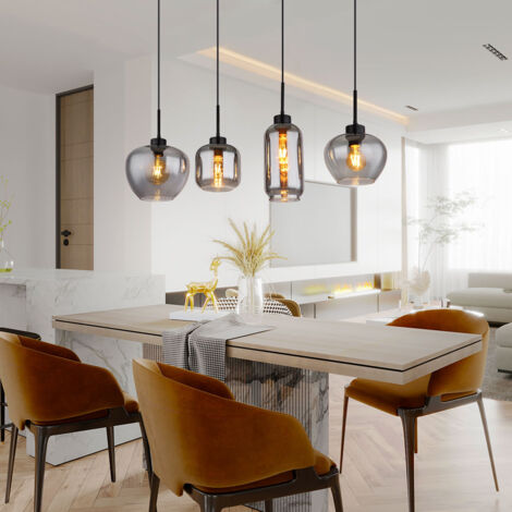 Lampada a sospensione LED in vetro fumé Lampada a sospensione in vetro per sala da pranzo nera, metallo, 4x E27 LED a filamento bianco caldo, LxLxH 99,5x24x120 cm