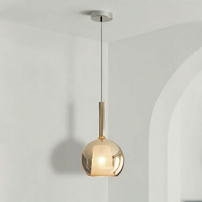 Image of Lampada a sospensione led sferica in vetro design moderno colore amber 25 cm