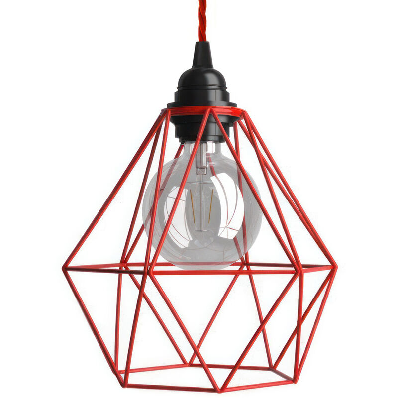 Image of Lampada a sospensione Made in Italy completa di cavo tessile, paralume gabbia Diamond e finiture in metallo Con lampadina - Rosso - Con lampadina