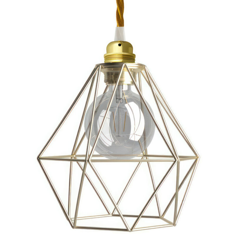 Image of Lampada a sospensione Made in Italy completa di cavo tessile, paralume gabbia Diamond e finiture in metallo Con lampadina - Ottone - Con lampadina