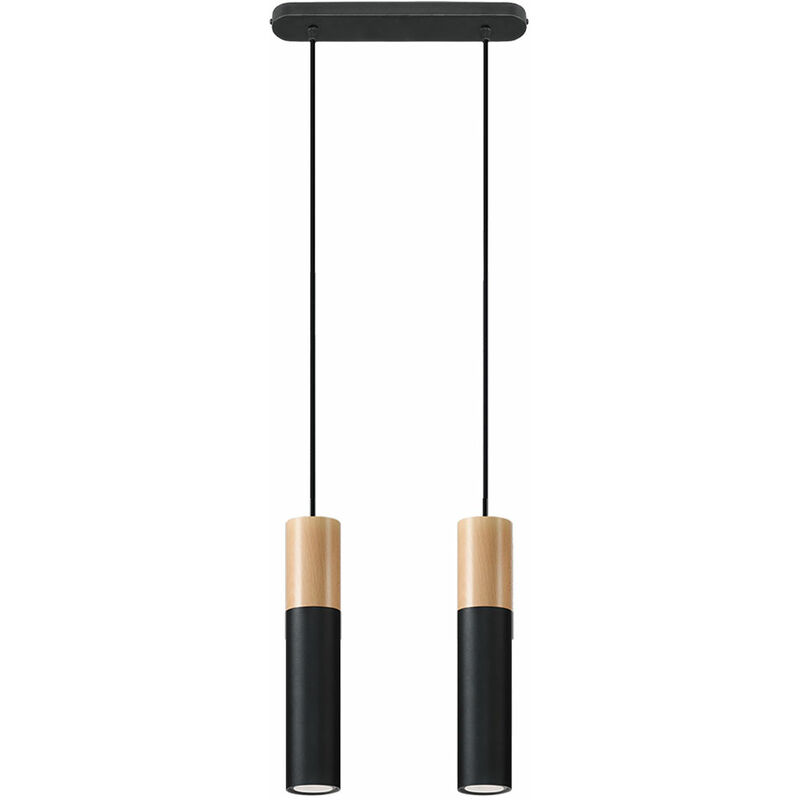 Image of Lampada a sospensione metallo nero Lampada a sospensione cilindro nero Lampada a sospensione con legno, in acciaio, 2x GU10, LxPxH 34x8x100 cm