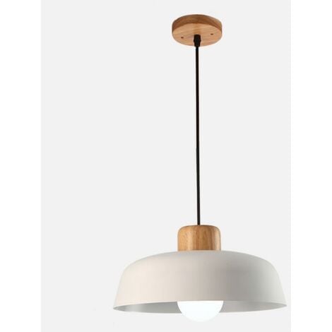 WOTTES Lampada a Sospensione Moderna Semplice Lampadario da Soffitto Metallo Legno Rotondo Bianco