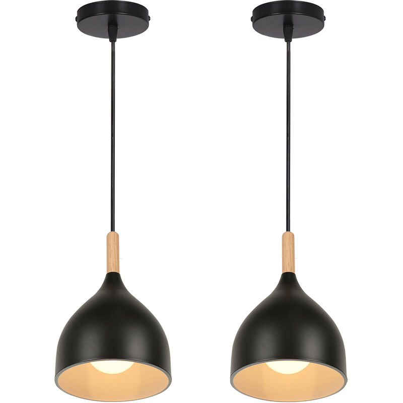 Image of Wottes - Lampada a Sospensione Moderno Lampadario da Soffitto Paralume Metallo Legno 2 Pezzi Nero