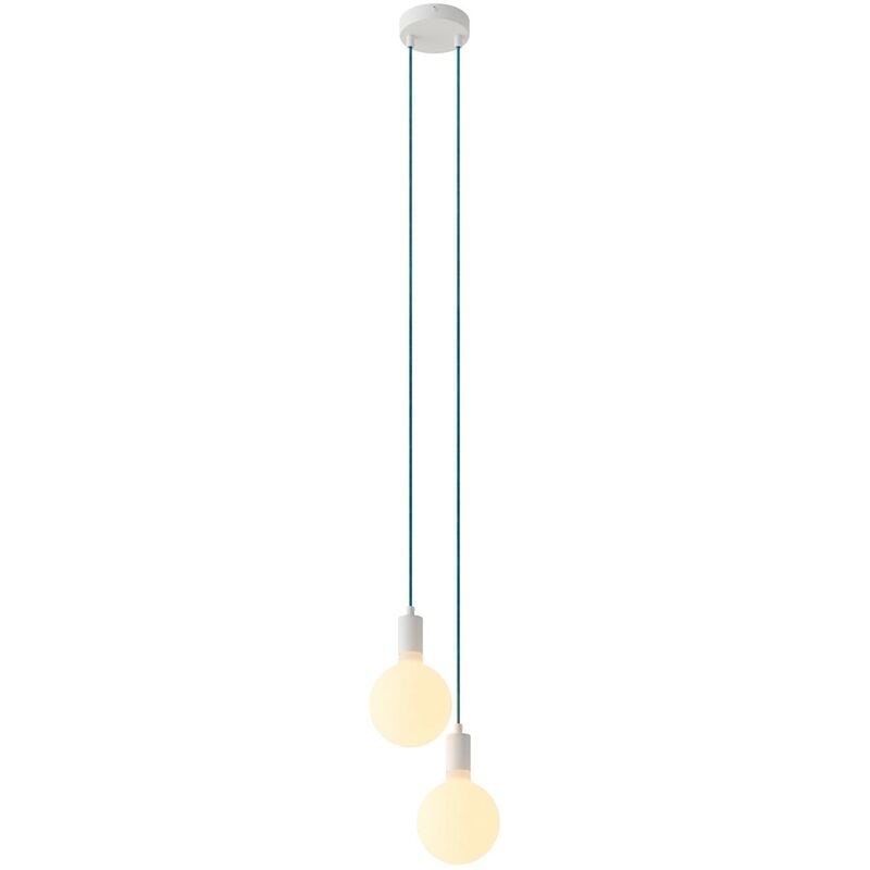 Image of Lampada a sospensione multipla a 2 cadute completa di cavo tessile e finiture in metallo Montato - Senza lampadina - Bianco - Senza lampadina