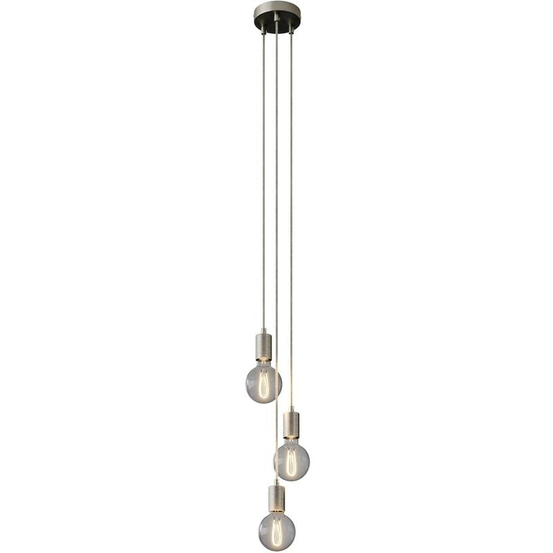 Image of Lampada a sospensione multipla a 3 cadute completa di cavo tessile e finiture in metallo Montato - Con lampadina - Titanio satinato - Con lampadina