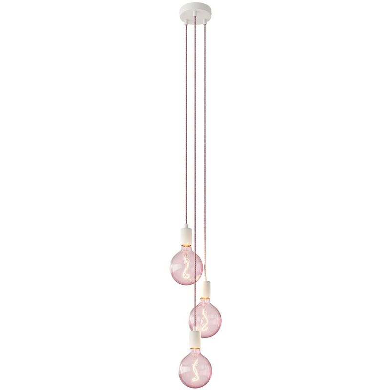Image of Creative Cables - Lampada a sospensione multipla a 3 cadute completa di cavo tessile e finiture in metallo Montato - Senza lampadina - Bianco - Senza
