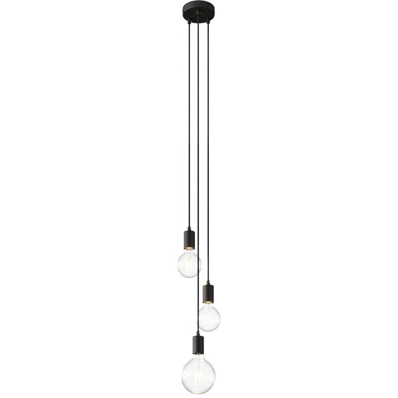Image of Lampada a sospensione multipla a 3 cadute completa di cavo tessile e finiture in metallo Montato - Con lampadina - Nero - Con lampadina