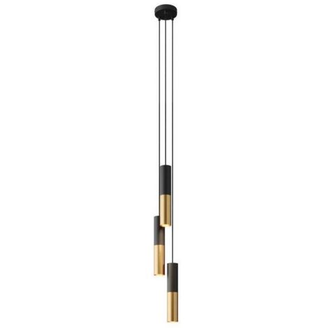 Lampada a sospensione multipla a 3 cadute completa di cavo tessile e paralume in metallo Doppio Tub-E14  Montato - Senza lampadina - Nero - Bronzo satinato - No