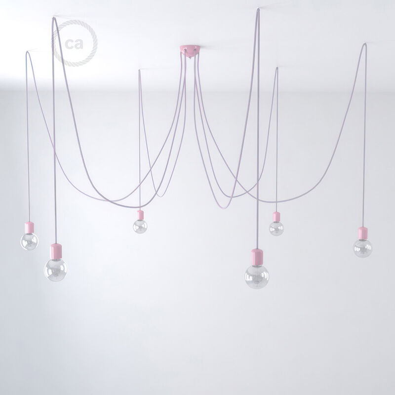 Image of Creative Cables - Lampada a sospensione multipla a 6 cadute Made in Italy completa di cavo tessile e finiture in ceramica colorata Senza lampadina