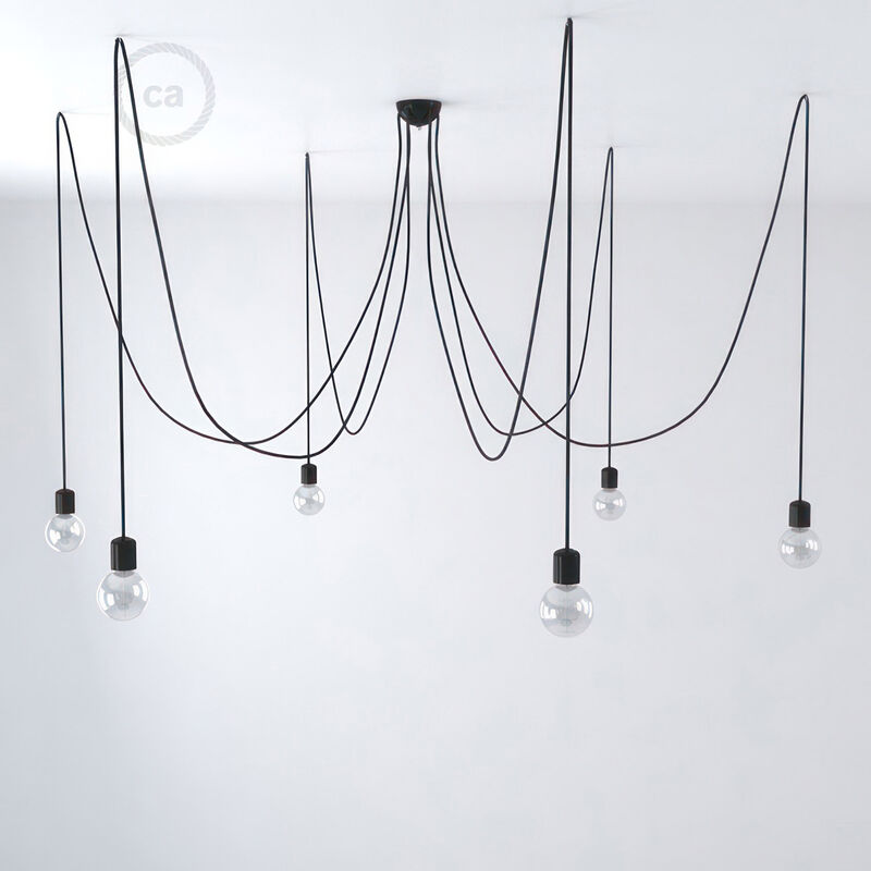 Image of Creative Cables - Lampada a sospensione multipla a 6 cadute Made in Italy completa di cavo tessile e finiture in ceramica colorata Con lampadina