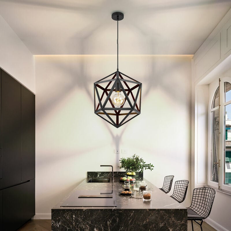 Image of Lampada a sospensione nera lampada a sospensione design a gabbia lampada a sospensione soggiorno, regolazione in altezza, quadrato in metallo, 1x