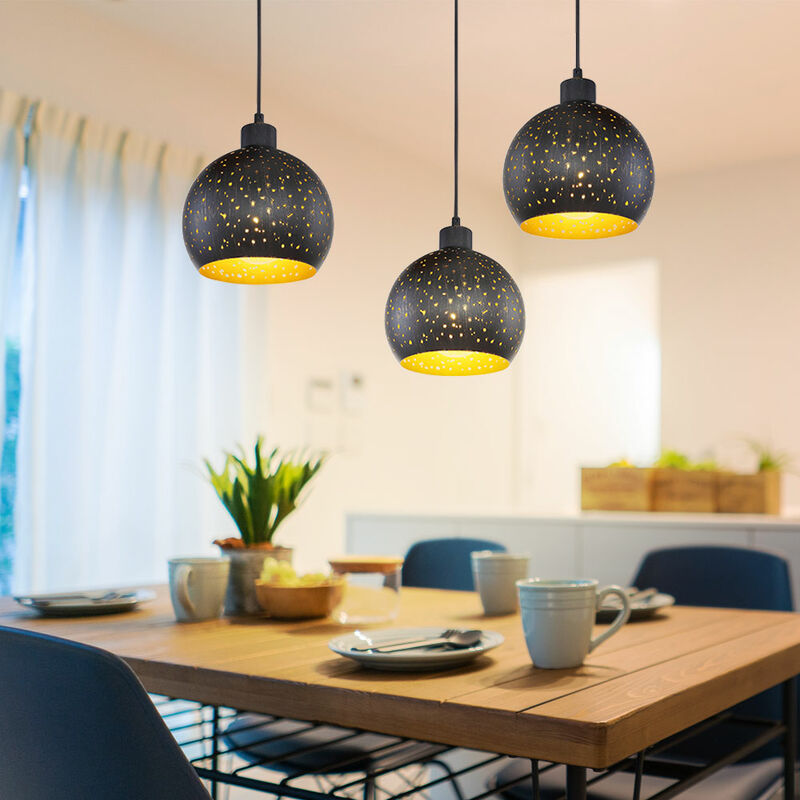 Image of Lampada a sospensione, nera, lampada a sospensione, tavolo da pranzo, lampada a sospensione, 3 fiamme, legno testa di moro, metallo color oro, 3