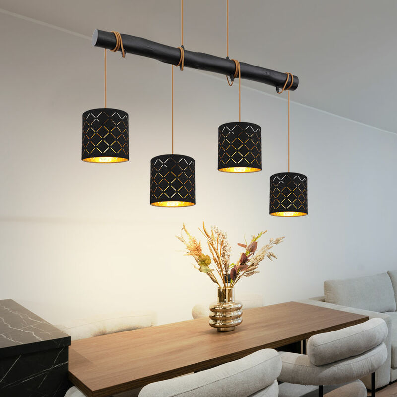 Image of Lampada a sospensione, nera, lampada a sospensione, tavolo da pranzo, lampada da soggiorno, lampada a sospensione in legno, perforazioni in metallo