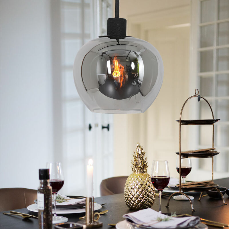 Image of Lampada a sospensione lampada da tavolo da pranzo nera lampada a sospensione moderna da soggiorno, paralume rotondo in vetro regolabile in altezza,