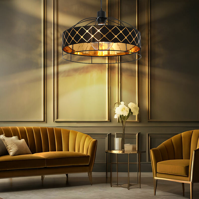 Image of Globo - Lampada a sospensione oro nero lampada a sospensione camera da letto tavolo da pranzo lampada oro, tessuto metallico retrò griglia, 1x E27