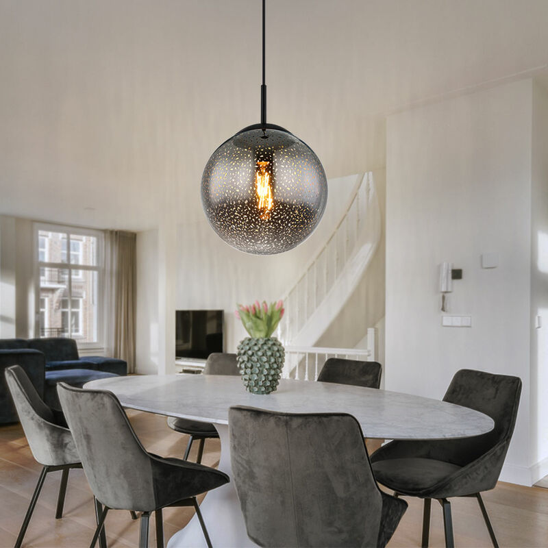 Image of Lampada a sospensione palla lampada a sospensione nera tavolo da pranzo lampada a sospensione in vetro fumé vetro retro, regolabile in altezza,