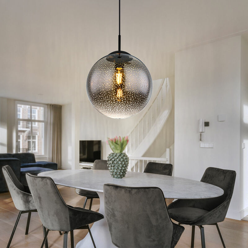 Image of Lampada a sospensione palla nera lampada a sospensione tavolo da pranzo lampada a sospensione in vetro fumé vetro retro, regolabile in altezza,