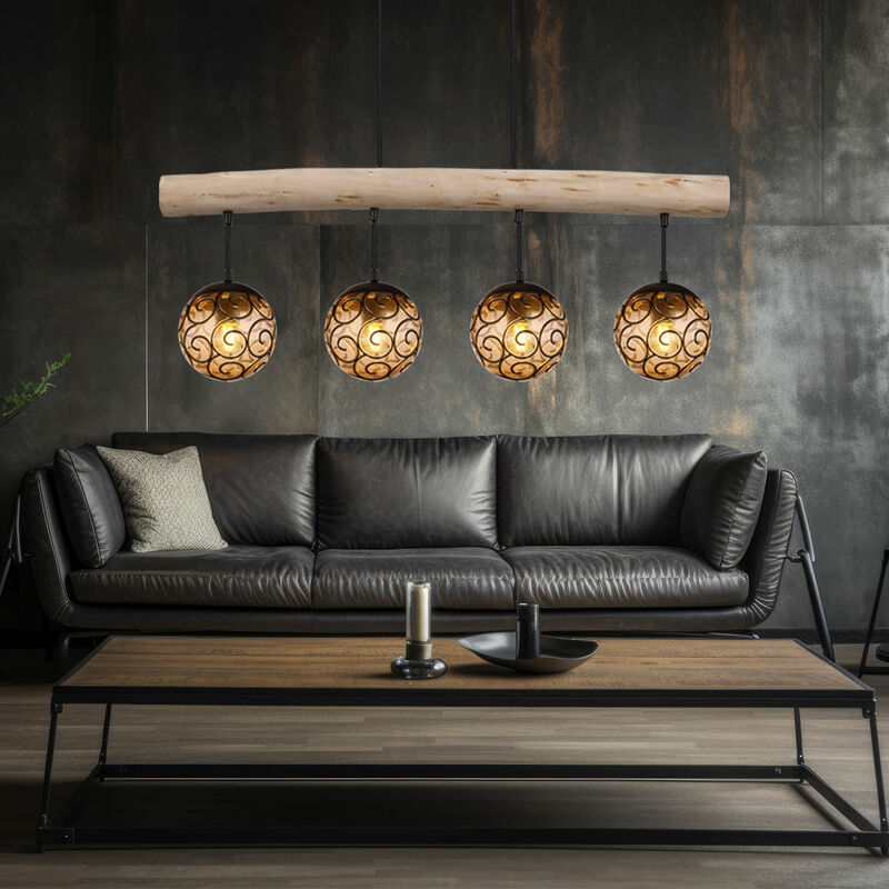 Image of Lampada a sospensione per sala da pranzo lampada a sospensione trave in legno lampada da tavolo da pranzo sfere ambra, nero, 4x prese E27, LxLxA